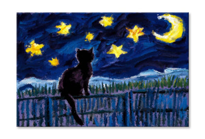 Night City Scene-Cat Fishing On the Roof Wall Art Limited Edition High Quality Print