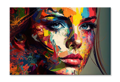 Colorful Abstract Woman Face Oil Painting Wall Art Limited Edition High Quality Print Stretched Canvas None