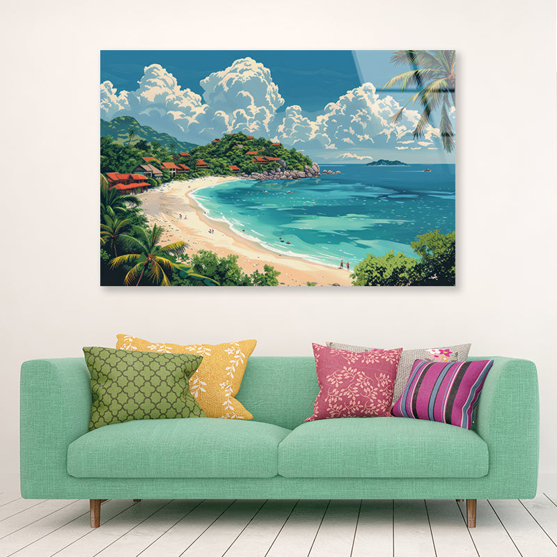 A Beach with a Body of Water with Palm Trees & a Sky Acrylic Glass Print Tempered Glass Wall Art 100% Made in Australia Ready to Hang