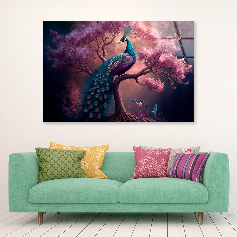 Peacock Sitting on Top of a Tree Acrylic Glass Print Tempered Glass Wall Art 100% Made in Australia Ready to Hang