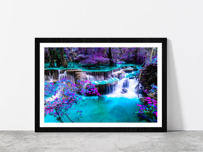 Waterfall Colorful Autumn Forest Glass Framed Wall Art, Ready to Hang Quality Print With White Border Black