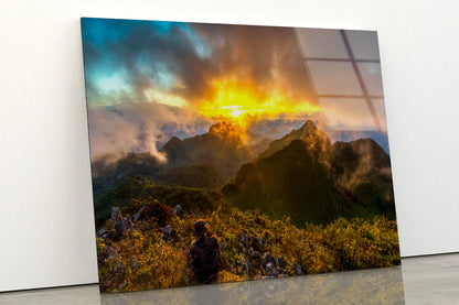 View of a Bright Sun with Mountains and a Cloudy Sky Acrylic Glass Print Tempered Glass Wall Art 100% Made in Australia Ready to Hang