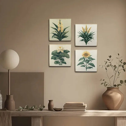 4pcs Green Leaves With Yellow Flowers Wall Art Canvas Framed