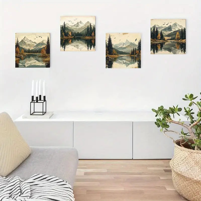 4pcs  Forest Lake, Elegant Modern Decorative  Wall Art Canvas Framed