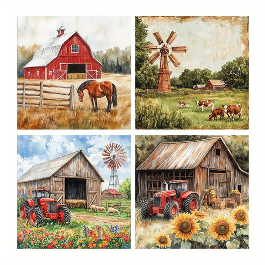 4pcs Red Barn Tractor, Cow Sheep Paintings Wall Art Canvas Framed
