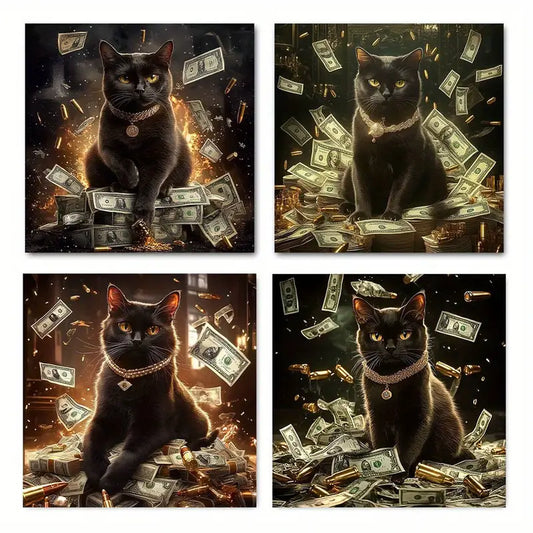 4pcs  Lucky Black Cat  LB  Wall Art Canvas Framed