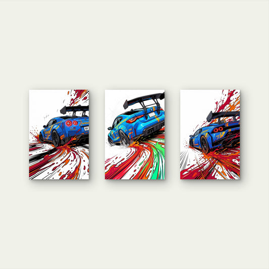 3pcs Blue Racing Car Splatter Graffiti Garage Wall Art Set Canvas Framed 50x70cm - High Quality Print 100% Australian Made Wall Canvas Ready to Hang