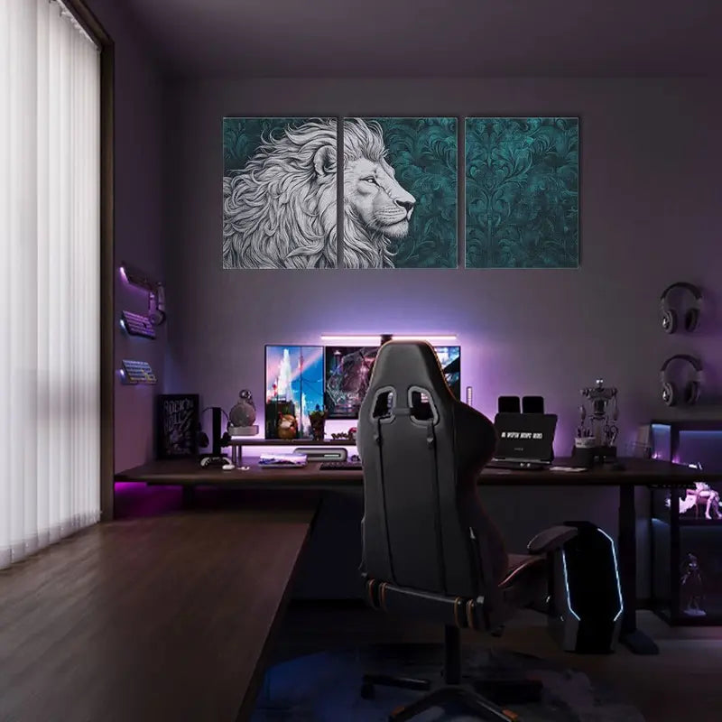 3pcs Teal Patterns, White Lion Head Design Metal Print Ready to Hang Art