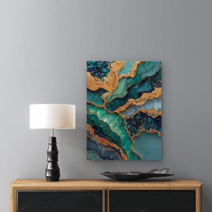 Abstract Turquoise Blue & Golden Leaf Marble 60x90cm Metal Print Ready to Hang