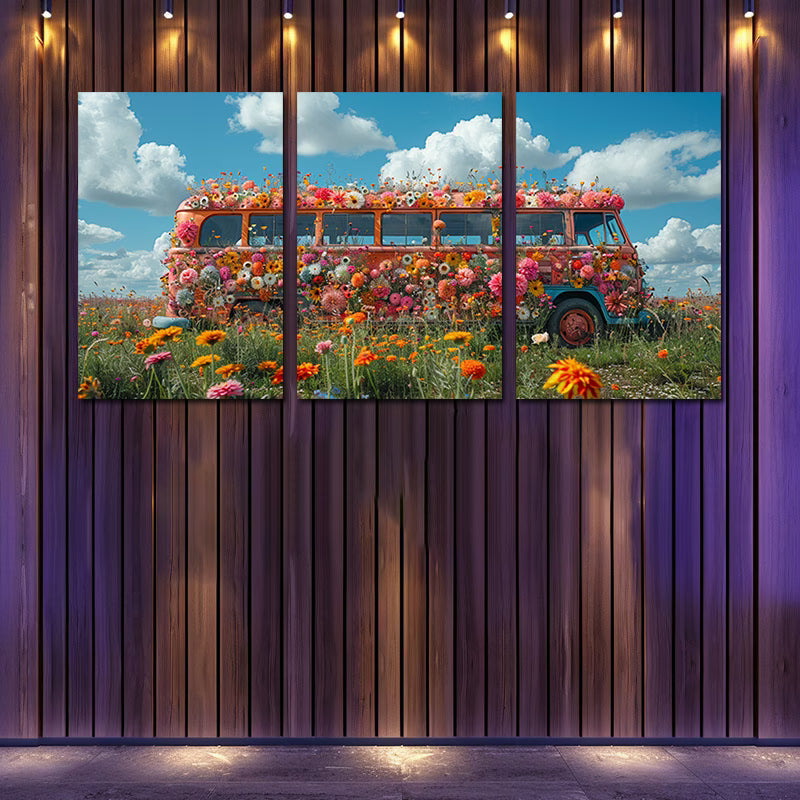3pcs Vintage Bus Covered in Vibrant Flowers Wall Art Set Canvas Framed 60x90cm - High Quality Print 100% Australian Made Wall Canvas Ready to Hang