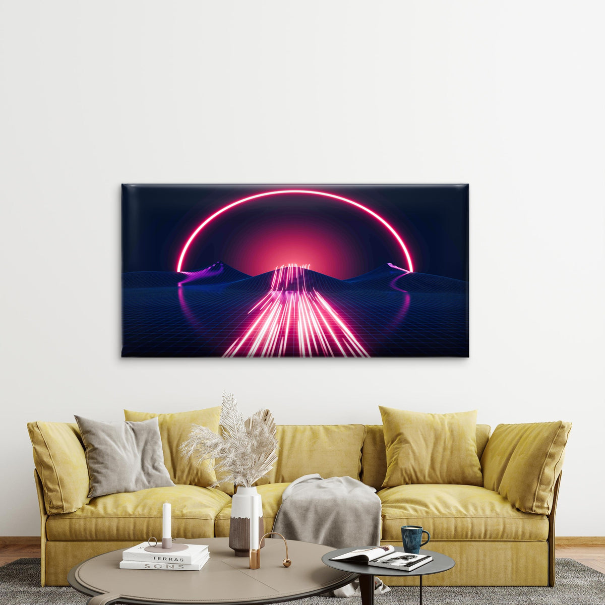 80s Synthwave Landscape Wall Art Canvas Office Home Room Framed 120x60cm