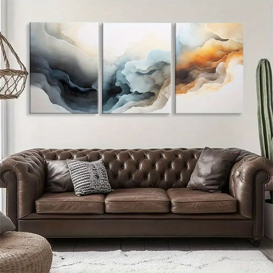 3pcs Soft Smoke Waves with Muted Tones Abstract Metal Print Ready to Hang Art