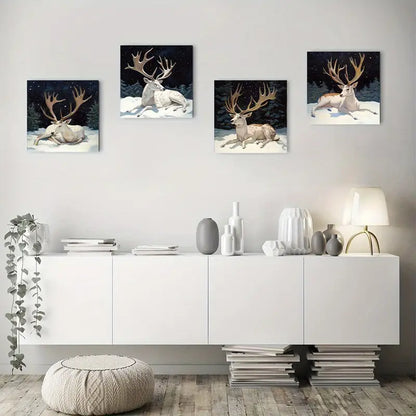 4pcs Majestic Deer With Large Antlers In Snowy Wall Art Canvas Framed