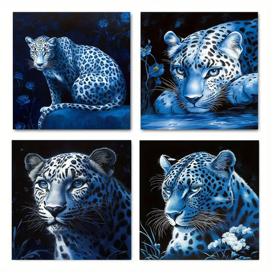 4pcs Snow Leopard & Blue Rose Wall Art Canvas Framed