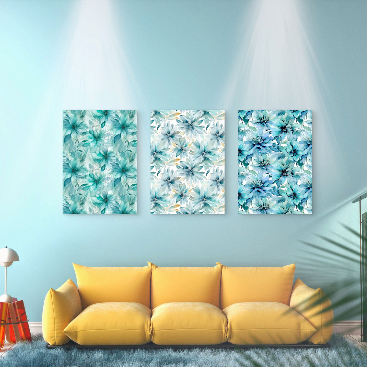 3pcs Blue Watercolor Floral Pattern Botanical Wall Art Set Canvas Framed 50x70cm - High Quality Print 100% Australian Made Wall Canvas Ready to Hang