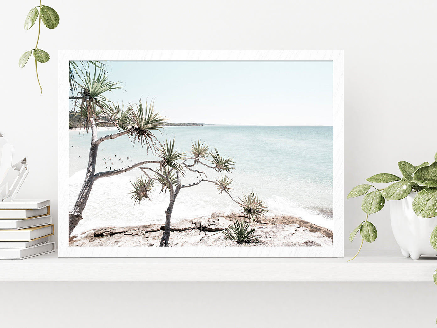 Trees on Rocks near Sea Faded Photograph Glass Framed Wall Art, Ready to Hang Quality Print Without White Border White