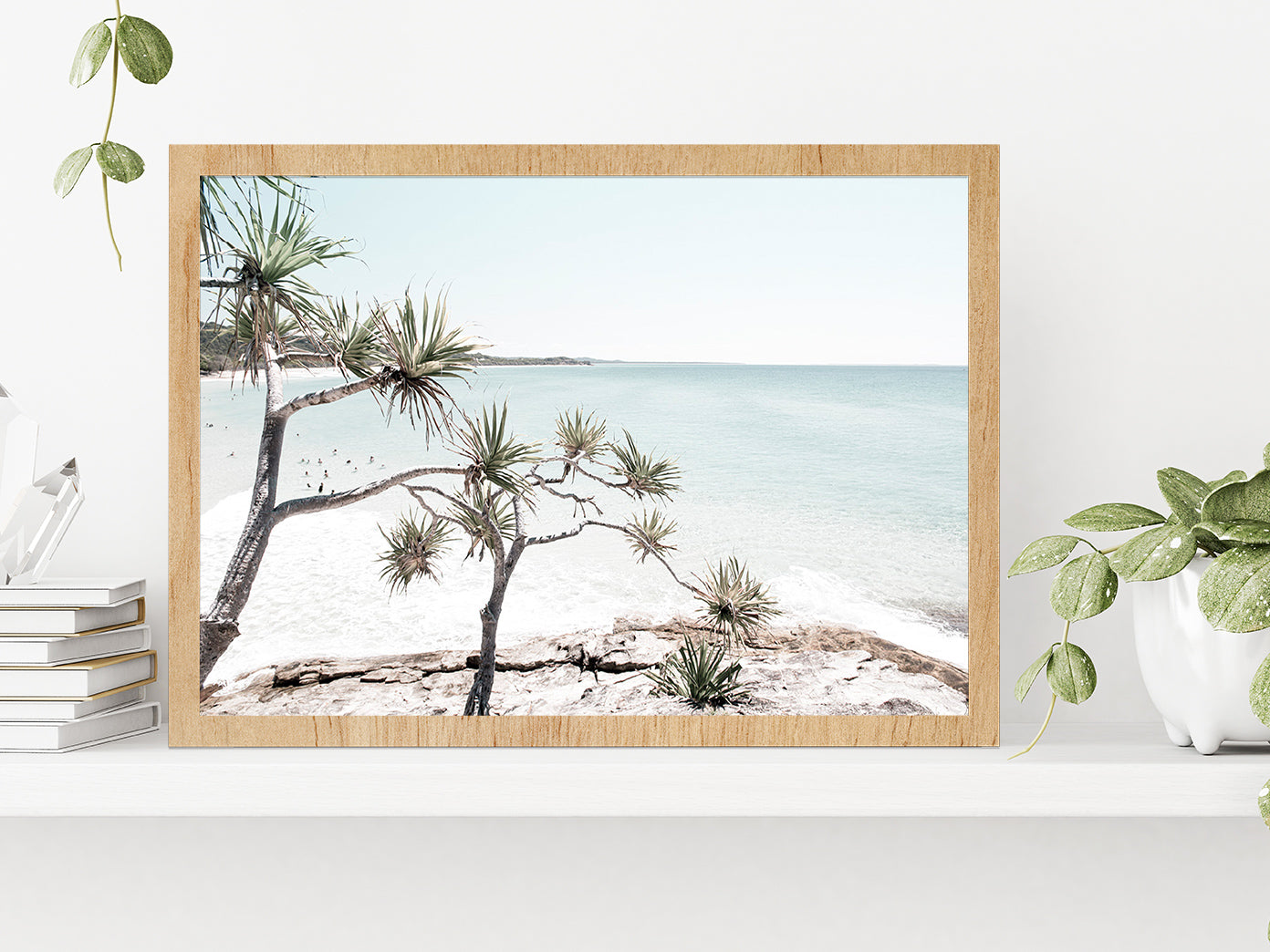 Trees on Rocks near Sea Faded Photograph Glass Framed Wall Art, Ready to Hang Quality Print Without White Border Oak