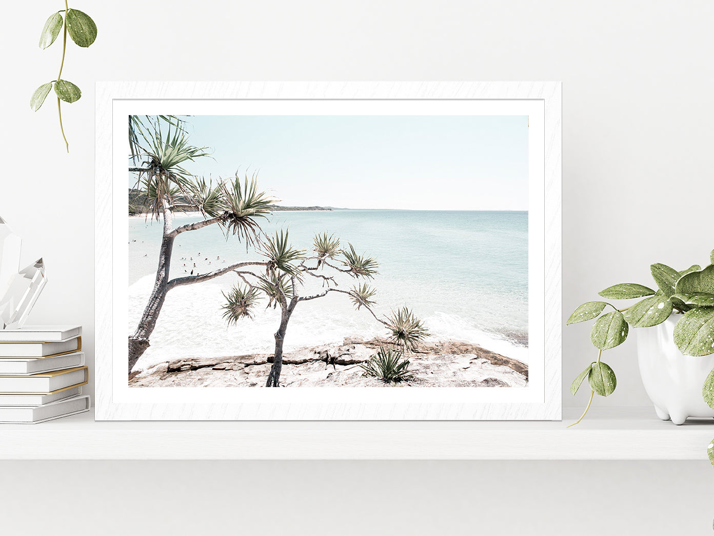 Trees on Rocks near Sea Faded Photograph Glass Framed Wall Art, Ready to Hang Quality Print With White Border White