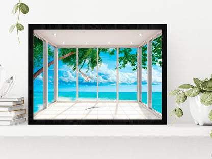 Nature Trees & Seaview Room Window Glass Framed Wall Art, Ready to Hang Quality Print Without White Border Black