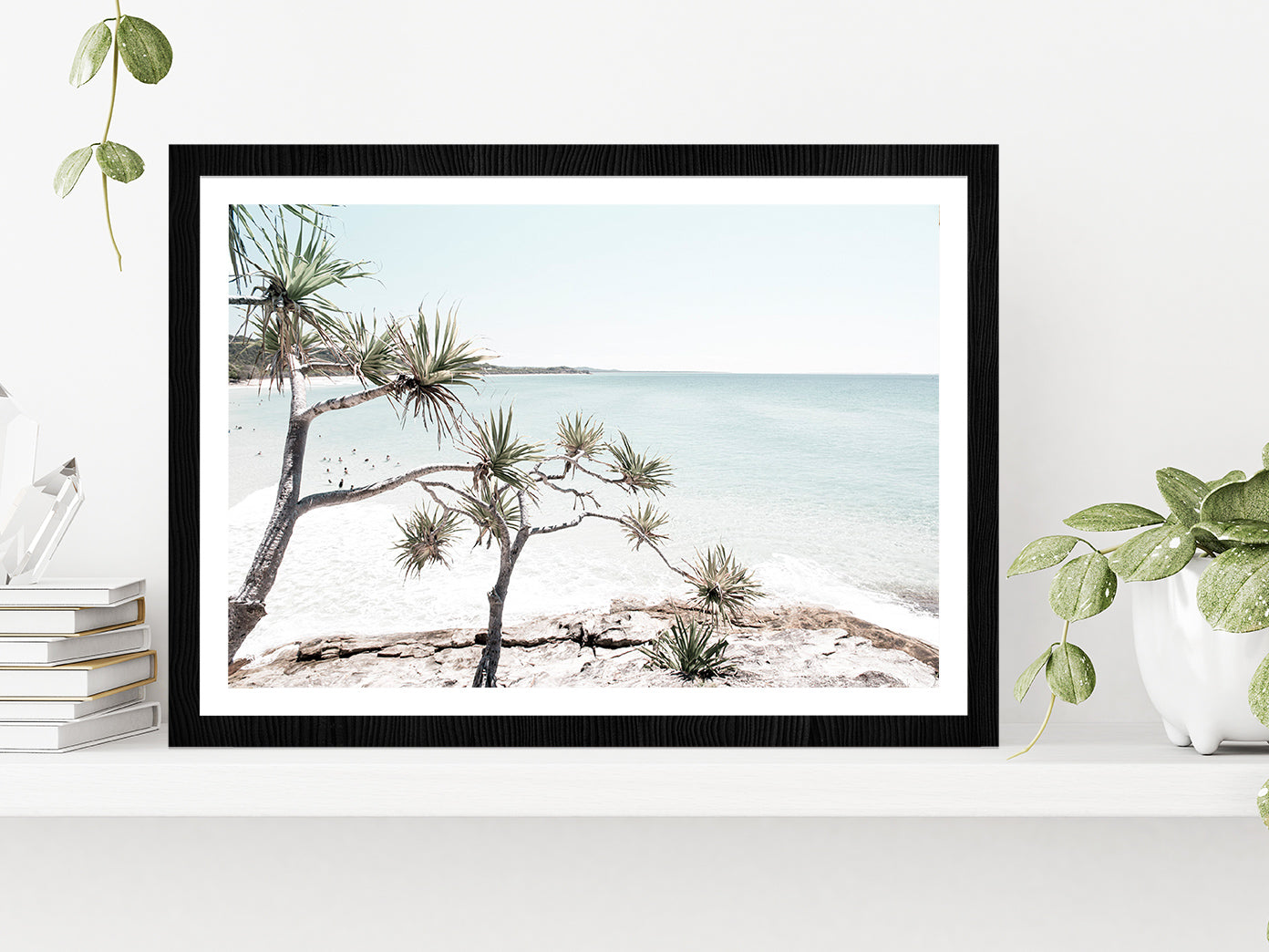 Trees on Rocks near Sea Faded Photograph Glass Framed Wall Art, Ready to Hang Quality Print With White Border Black