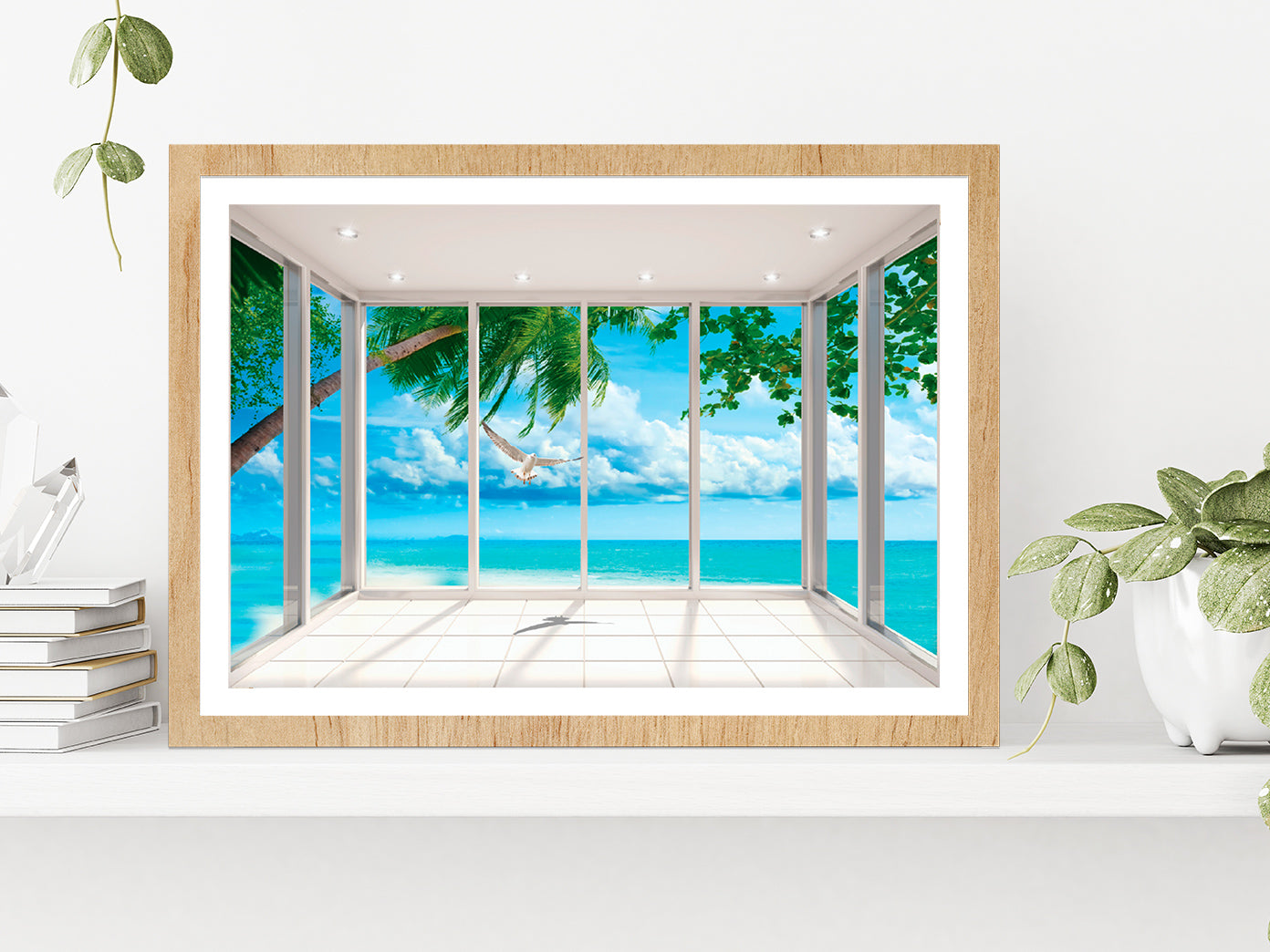 Nature Trees & Seaview Room Window Glass Framed Wall Art, Ready to Hang Quality Print With White Border Oak