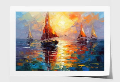 Sailing Boats on the Sea Sunset Sky Oil Painting Wall Art Limited Edition High Quality Print Unframed Roll Canvas None