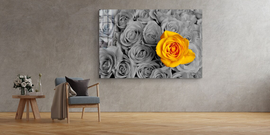 Yellow Rose B&W Roses UV Direct Aluminum Print Australian Made Quality