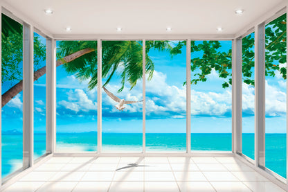 Nature Trees & Seaview Room Window Glass Framed Wall Art, Ready to Hang Quality Print