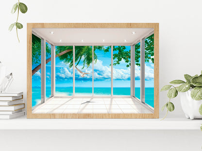 Nature Trees & Seaview Room Window Glass Framed Wall Art, Ready to Hang Quality Print Without White Border Oak