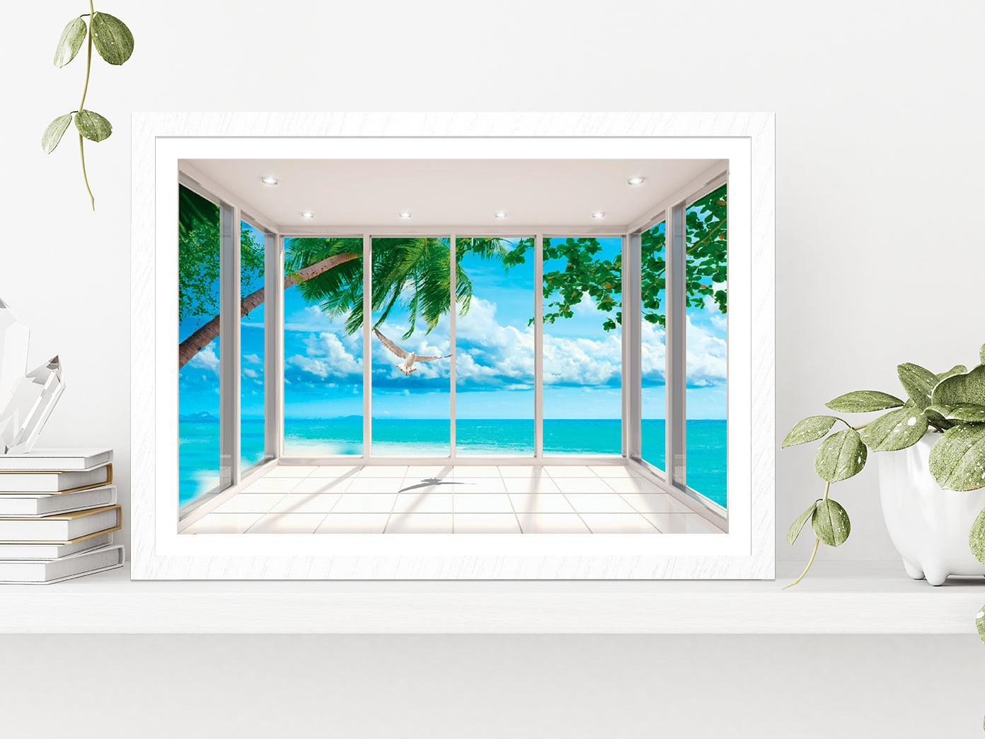 Nature Trees & Seaview Room Window Glass Framed Wall Art, Ready to Hang Quality Print With White Border White