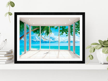 Nature Trees & Seaview Room Window Glass Framed Wall Art, Ready to Hang Quality Print With White Border Black