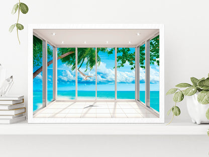 Nature Trees & Seaview Room Window Glass Framed Wall Art, Ready to Hang Quality Print Without White Border White