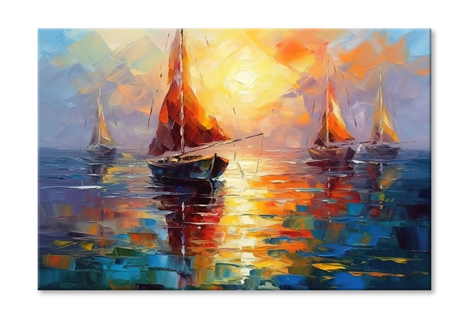 Sailing Boats on the Sea Sunset Sky Oil Painting Wall Art Limited Edition High Quality Print Stretched Canvas None