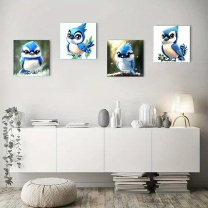 4pcs Vintage Abstract Blue & White Bird Canvas Wall Art Canvas Framed