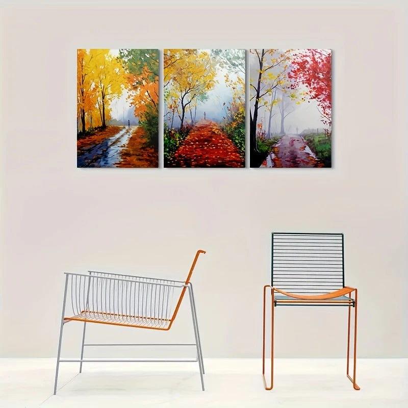 3pcs Tranquil Fall Foliage Scenes with Golden, Orange, Red Leaves Metal Print Ready to Hang Art