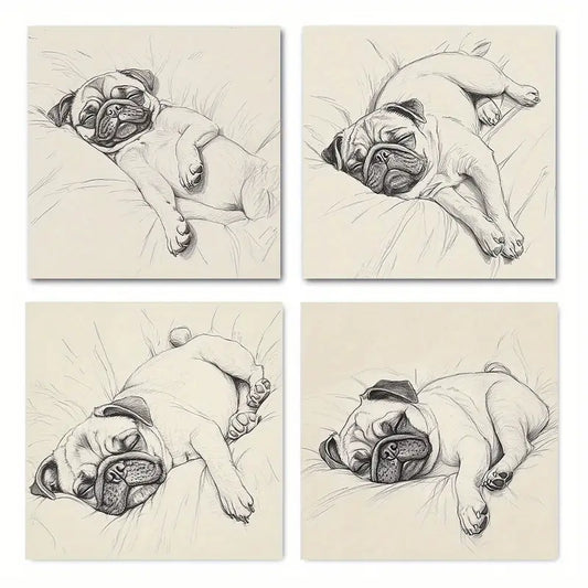 4pcs Vintage Abstract Decor Rustic Pug Wall Art Canvas Framed