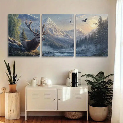 3pcs Majestic Deer Head with Antlers, Pine Trees & Moonlit Sky Metal Print Ready to Hang Art