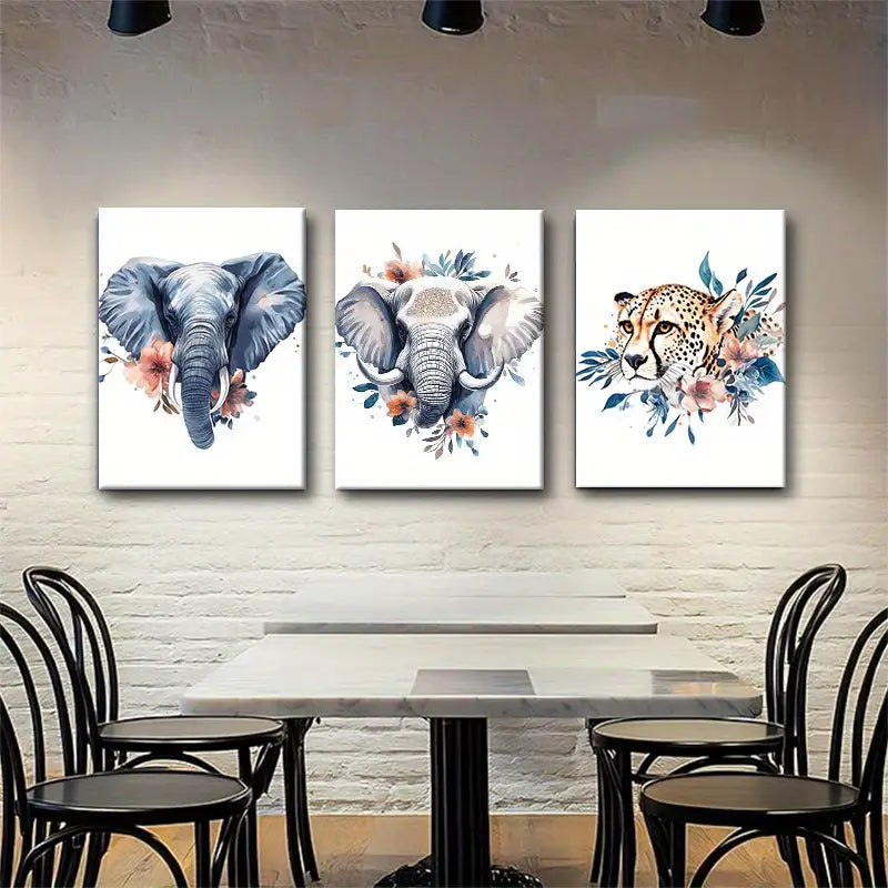 3pcs Featuring Elephant and Cheetah with Floral Accents Metal Print Ready to Hang Art