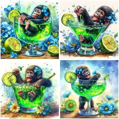 4pcs  Monkey Sitting In A Cup Wall Art Canvas Framed