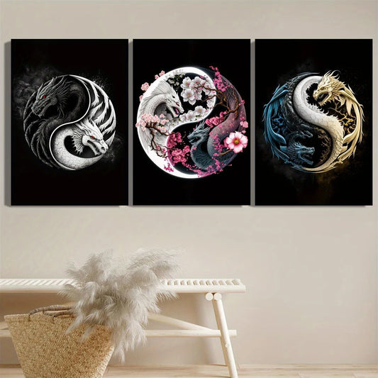 3pcs Yin Yang Dragon Vibrant Ink & Watercolor Designs Metal Print Ready to Hang Art
