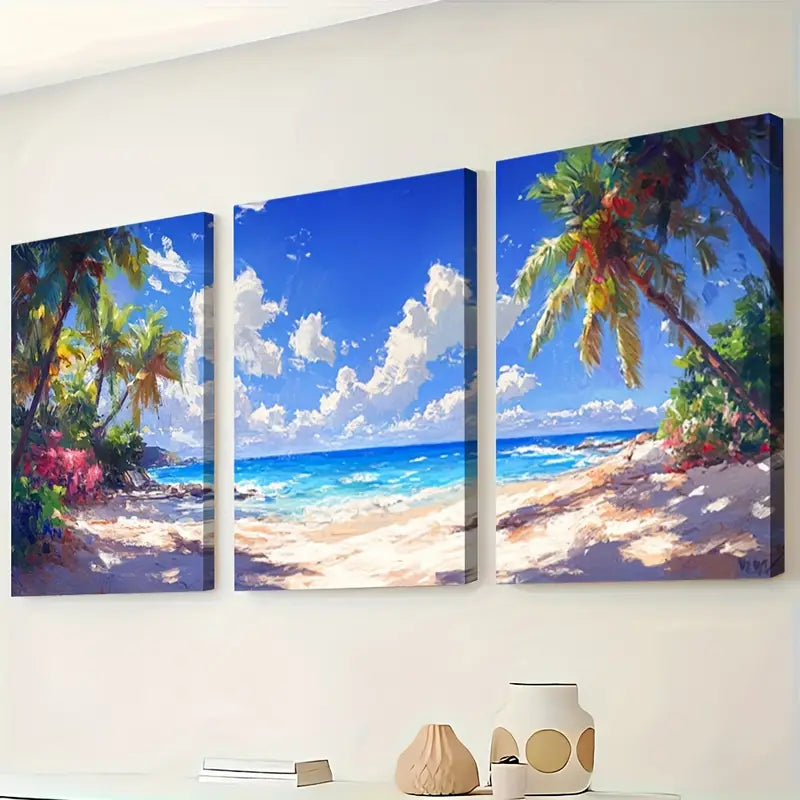 3pcs Tropical Beach Palm Ocean Scene Wall Art Set Canvas Framed 50x70cm - High Quality Print 100% Australian Made Wall Canvas Ready to Hang