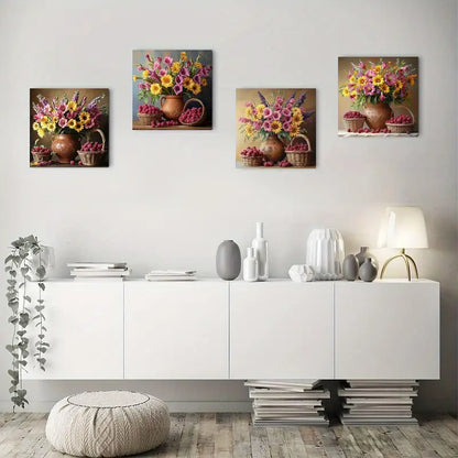 4pcs Sunflowers & Strawberries Bouquet In Rustic Wall Art Canvas Framed