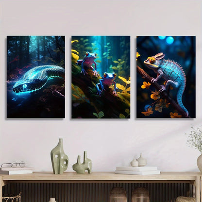 3pcs Blue glowing snake in the forest, frog on the wood, chameleon Metal Print Ready to Hang Art