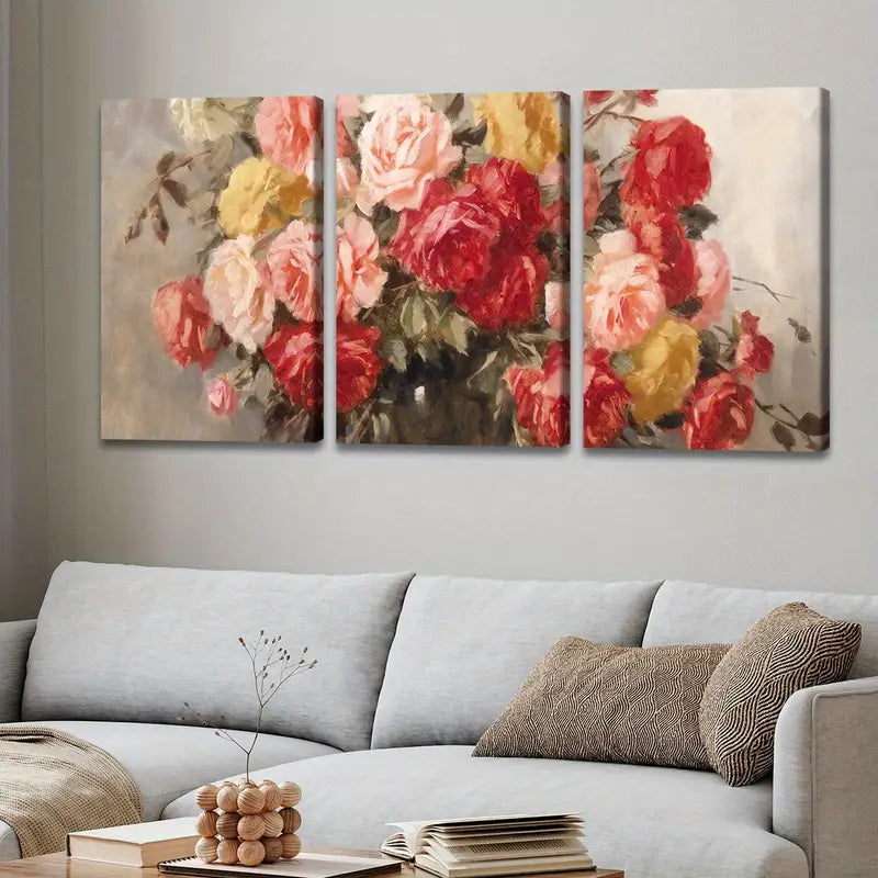 3pcs Roses In Vase Still Life Poster Wall Art Set Canvas Framed 60x90cm - High Quality Print 100% Australian Made Wall Canvas Ready to Hang