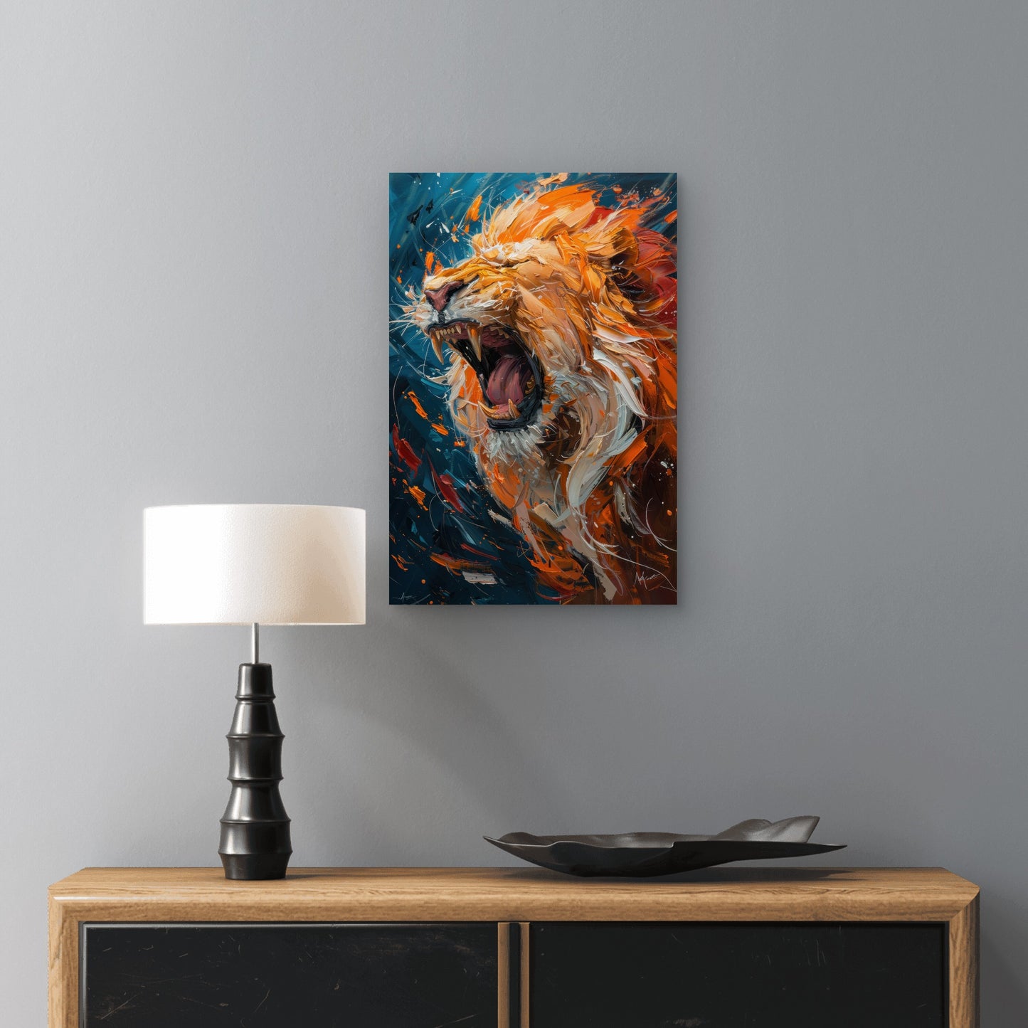 Abstract Oil Painting Roaring Lion 60x90cm Metal Print Ready to Hang