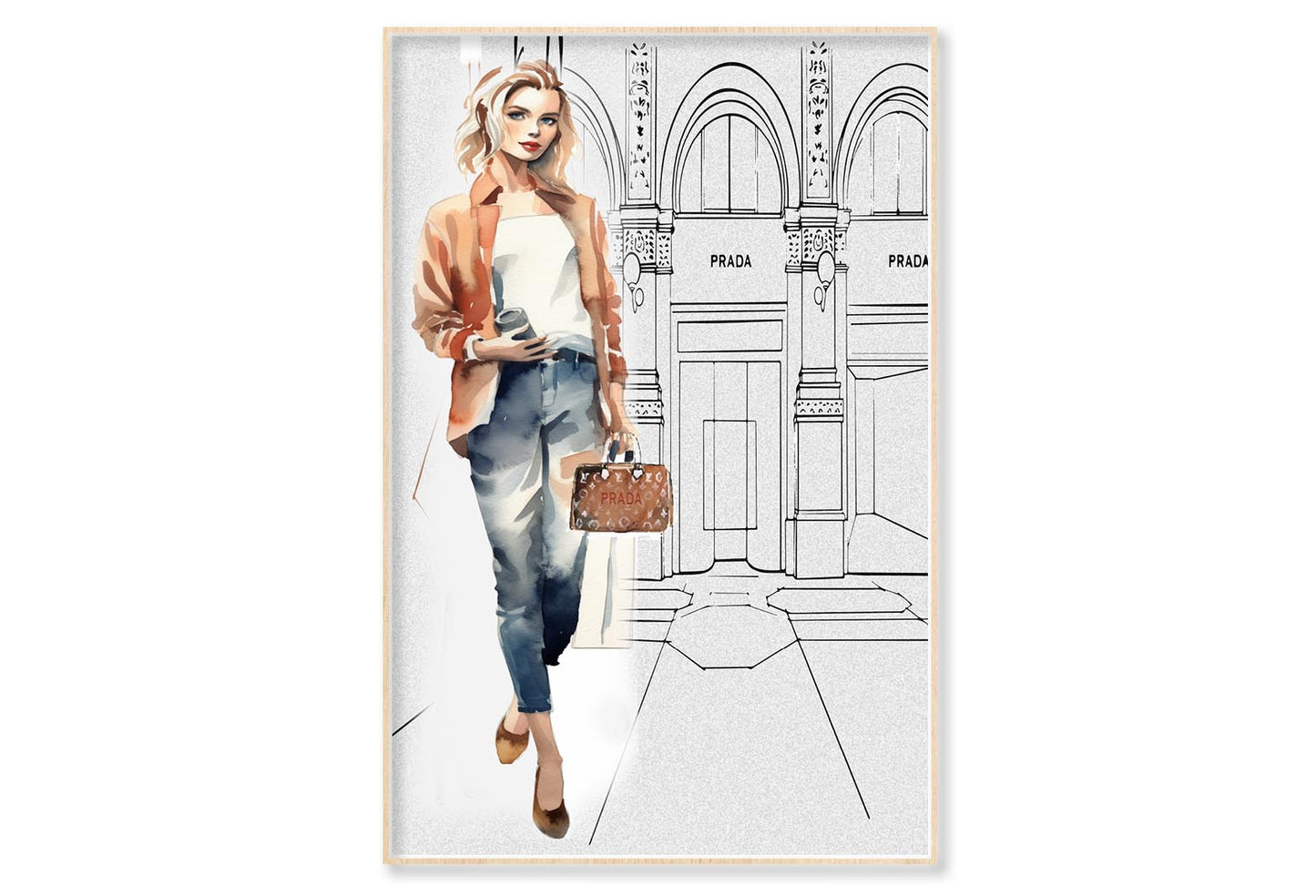 Stylish Girl with Fashion Store Wall Art Limited Edition High Quality Print Canvas Box Framed Natural