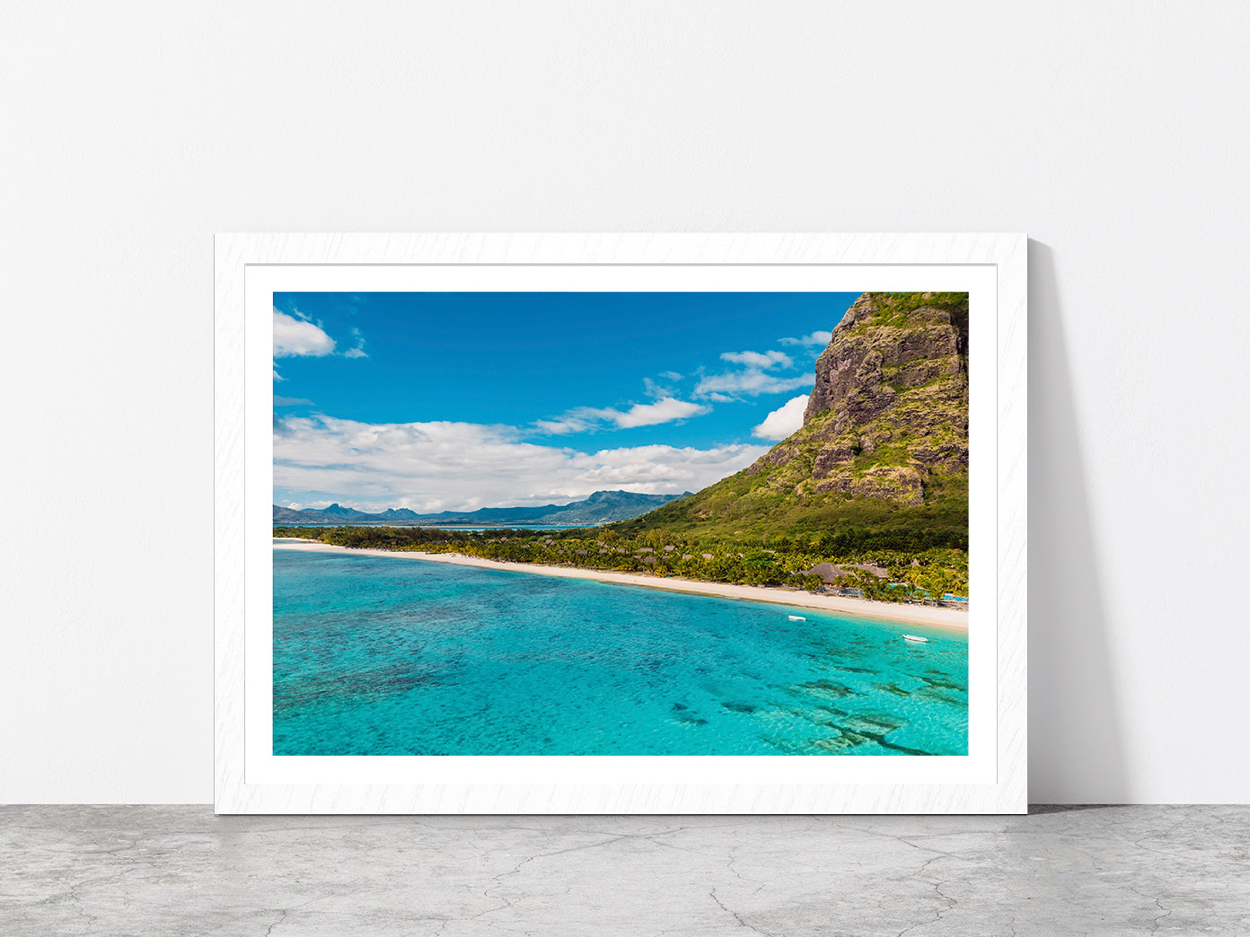 Le Morne Mountain In Island Beach Glass Framed Wall Art, Ready to Hang Quality Print With White Border White