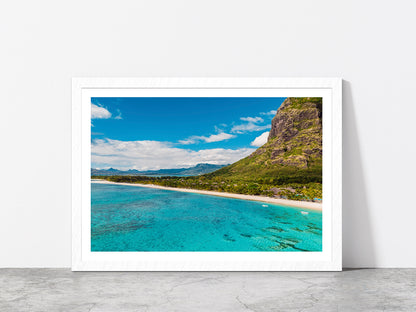 Le Morne Mountain In Island Beach Glass Framed Wall Art, Ready to Hang Quality Print With White Border White