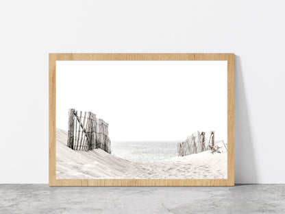 Beach Fence on Sandshore Faded Photograph Glass Framed Wall Art, Ready to Hang Quality Print Without White Border Oak