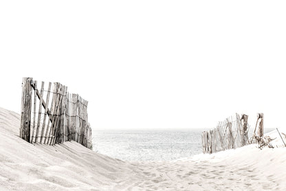 Beach Fence on Sandshore Faded Photograph Glass Framed Wall Art, Ready to Hang Quality Print